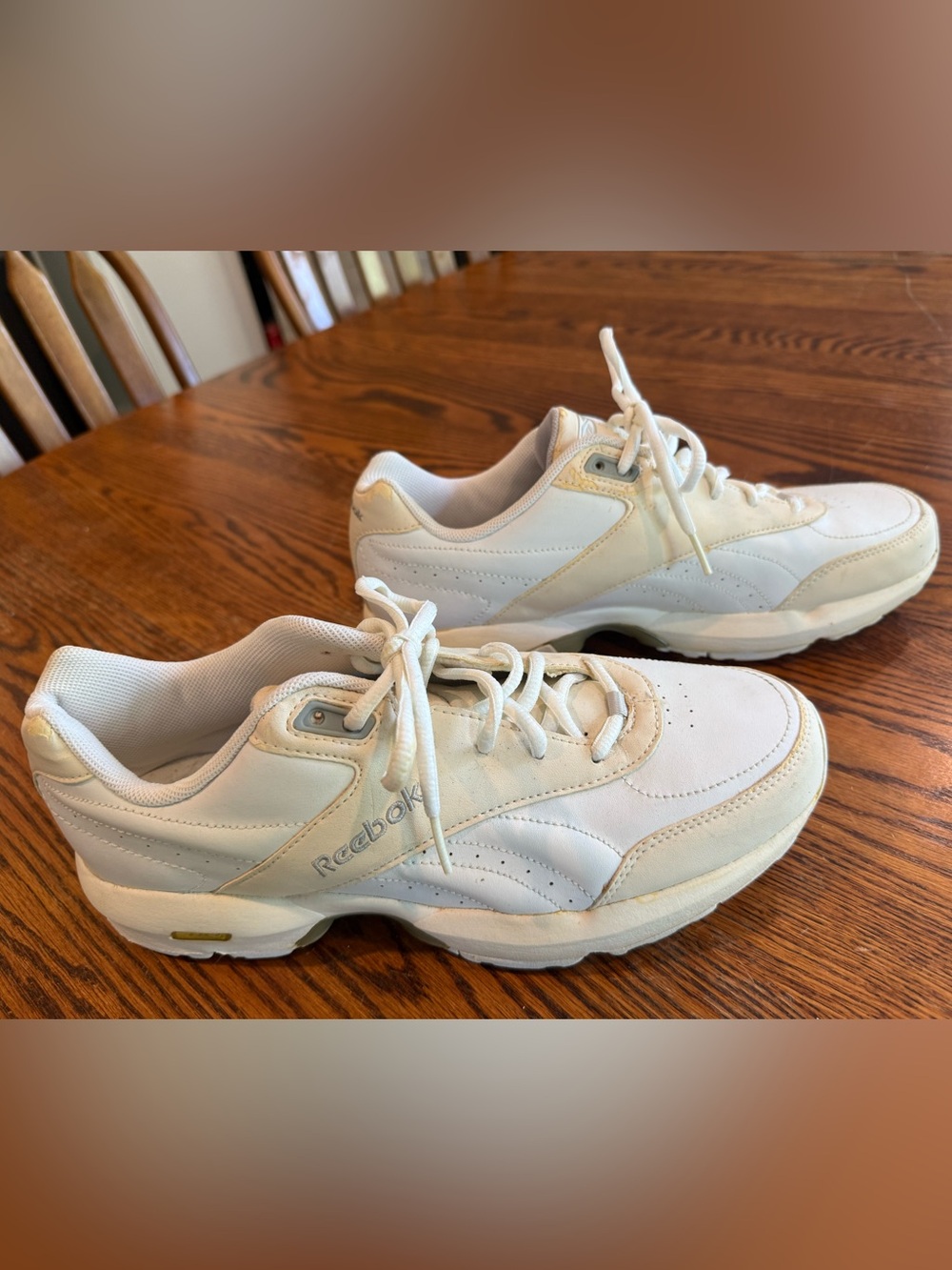 Reebok Men’s Classic White Leather Sneakers with cream trim.  Size 9.5 M